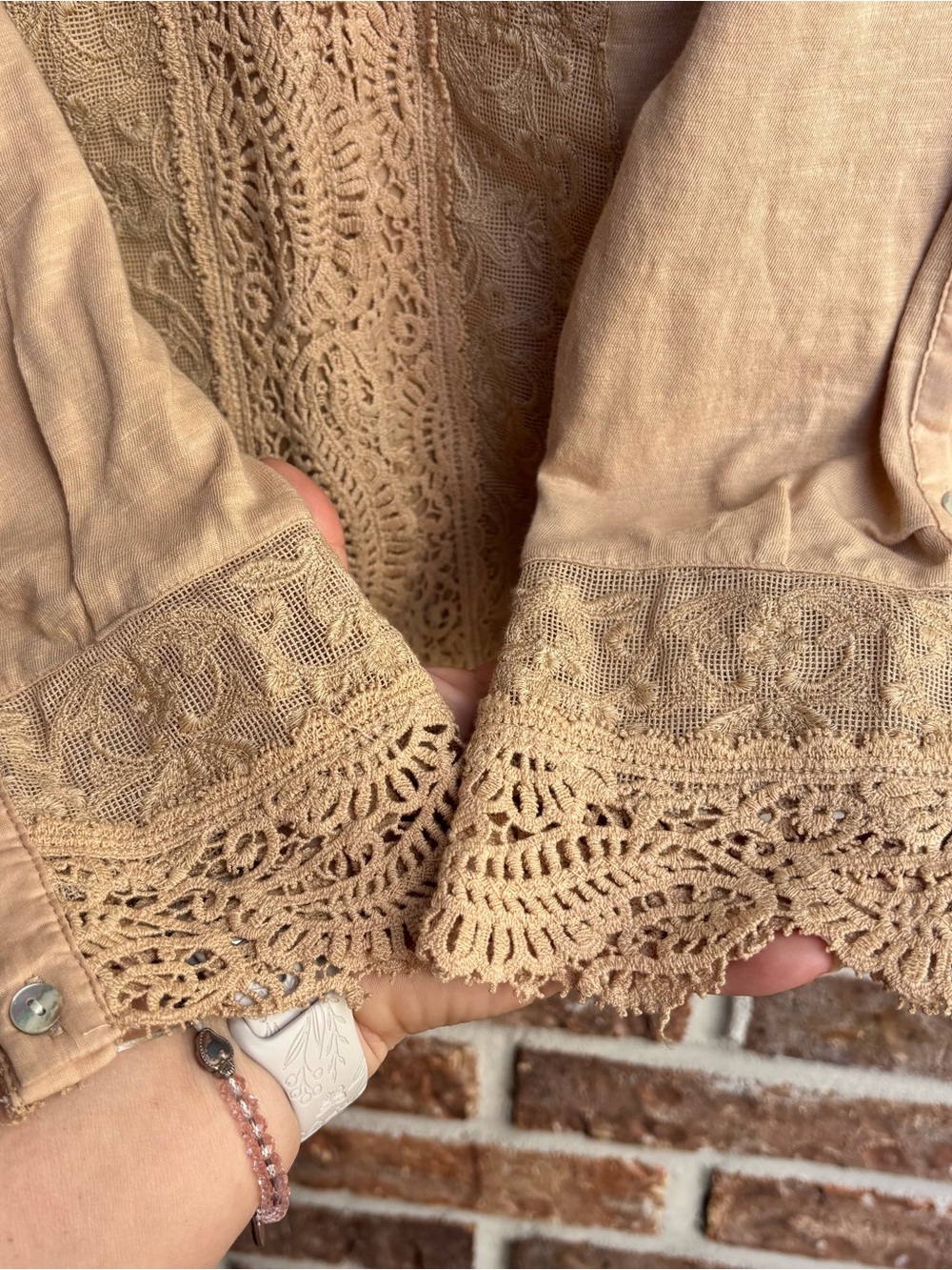 Soft Surroundings Tan Crochet-Trim Long Sleeve romantic Tunic - Picture 3 of 4